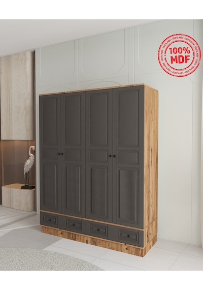Nil 4 Kapaklı Çekmeceli Bazalı Gardırop - Tamamı Mdf Antrasit