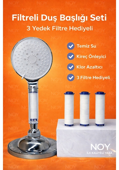Duş Başlığı Filtreli Duş Başlığı Seti Kireç Önleyici Arıtmalı Duş Filtresi + 3 Yedek Filtre Beyaz