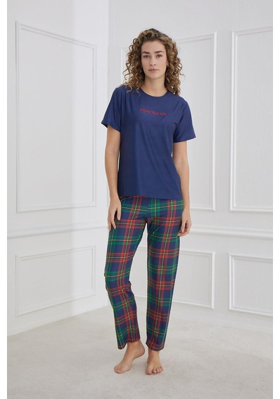 Kompedan Kadın Ekose Desenli Bisiklet Yaka Pijama Takım Lacivert 30102-1281 Lacivert