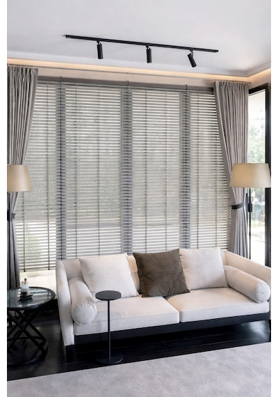 N.luxury Koyu Gri 50mm %100 Gerçek Ahşap Jaluzi Perde Redüktörlü Zincir Mekanizmalı Ofis/ev Tüm Mekanlar Koyu Gri