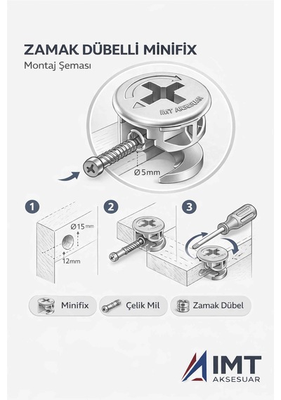 İmt Aksesuar Zamak Metal Dübelli Minifix Gövde Mil Ve Dübel Seti - Mobilya Ve Dolap Bağlantı Elemanı 20 Takım Metalik