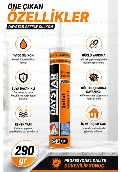 Daystar Şeffaf Silikon Mastik 290 Gr Güçlü Yapışma Suya Dayanıklı Banyo Mutfak Cam Pvc İç Ve Dış Mek Çok Renkli