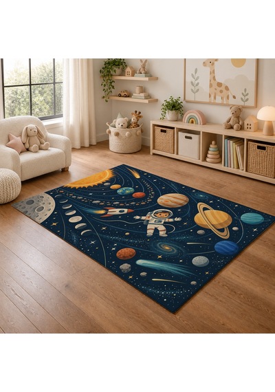 Kartela Halı Uzay Kaşifi Çocuk Oyun Halısı Kaymaz Dot Taban Yıkanabilir 120 X 180 Cm Çok Renkli