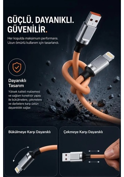 Özel Üretim Mobil Aksesuar Pratik Ekipman Şarj Kablosu Lightning Silikon 3.0a U15 Siyah
