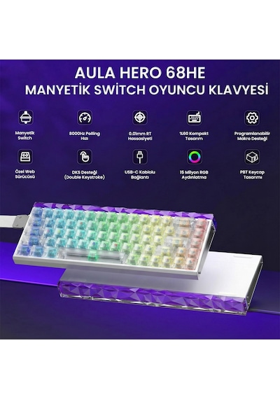 Aula Hero 68 He Manyetik Klavye Rapid Trigger Silver Switch 8000hz Rgb Neon Tkl Hot Swap Oyuncu Klavyesi Şeffaf