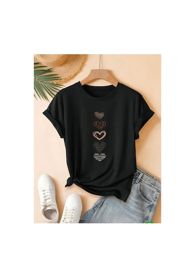 Medinenur Çoklu Kalp Baskılı Basic T-shirt Siyah