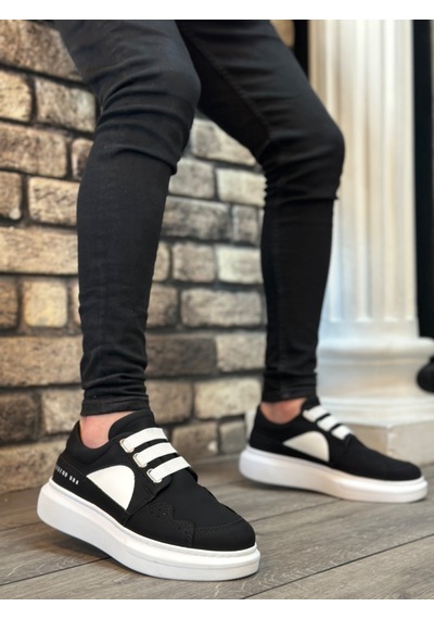 Ba0302 Boa Kalın Taban Bağcıksız Tarz Casual Siyah Beyaz Erkek Ayakkabı 001