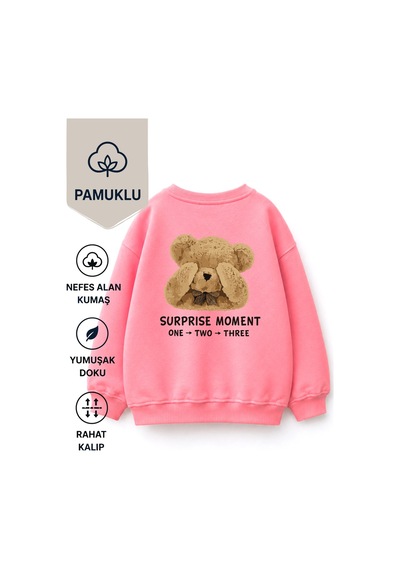 Monila Unisex Çocuk 3 İplik Kumaş Pamuklu Sırtı Ayıcık Baskılı Sweatshirt Pembe
