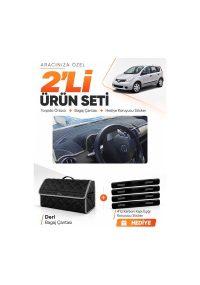 Nissan Note E11 2005-2009 Uyumlu Torpido Örtüsü + Deri Bagaj Çantası + Sticker Seti - Siyah Gri