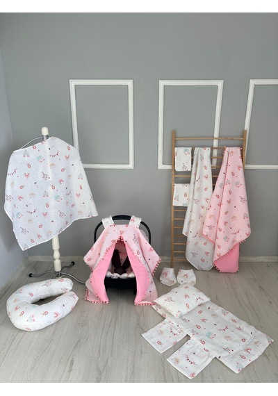 % 100 Pamuk 12 Parça Çift Taraflı Muslin Set Pembe Bulut