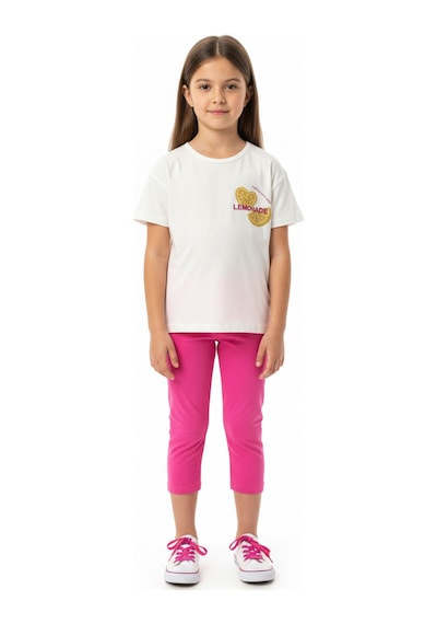 Toontoy Kids Toontoy Kız Çocuk 2'li Kapri Tatylı Takım Bisiklet Yaka Kısa Kollu Baskılı Tişört - Beli Lastikli Kapri Tayt 25026 Orkide