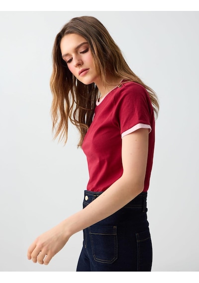 Jimmy Key Bordo %100 Pamuk Bisiklet Yaka Omuzu Detaylı Örme Bluz 6sw035556562