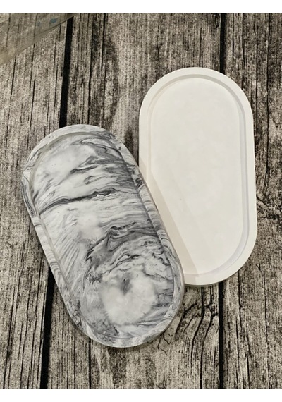 2'li Dekoratif Oval Sunumluk Seti, Dekoratif Biblo Takı Tabağı, Saksılık,tütsülük,mumluk - Krem-mermer Desenli