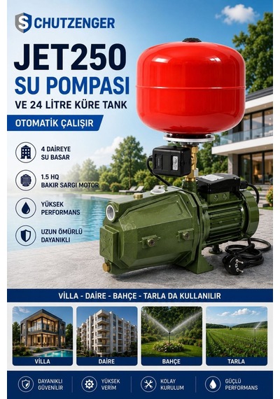 Jet250 Su Motoru 1.5 Hq Hidrafor Otomatik 24 Litre Tank Küre 4 Kat Daire 50 Mt Dik Atar Su Pompası Bakır 5 Parça