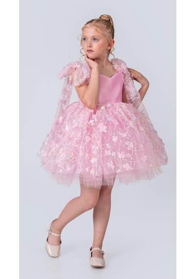 Mnk Baby & Kids Çiçek Brode Desen İmeros Kız Abiye M00736 Pembe