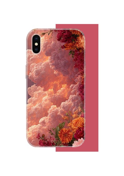 İphone X-xs Uyumlu Kırmızı Bulut Ve Çiçekler Uv Baskılı Silikon Kılıf Renkli