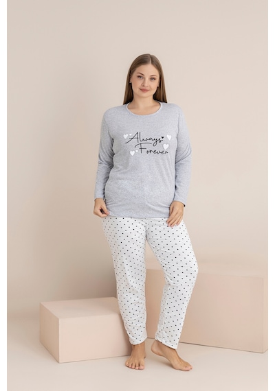 Rindahomewear Büyük Beden Süprem Uzun Kol Pijama Takımı Gri