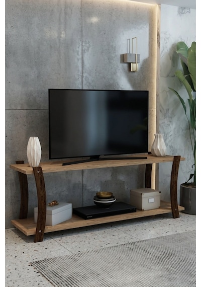 Doğal Çam Ahşap Raflı 120cm Tv Ünitesi - Minimalist Medya Sehpası