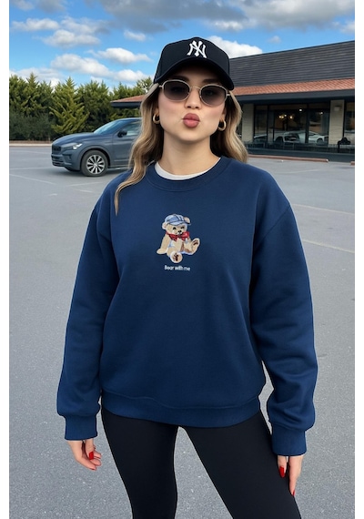 Fashion Friends Oversize Bisiklet Yaka Nakışlı Sweatshirt Lacivert
