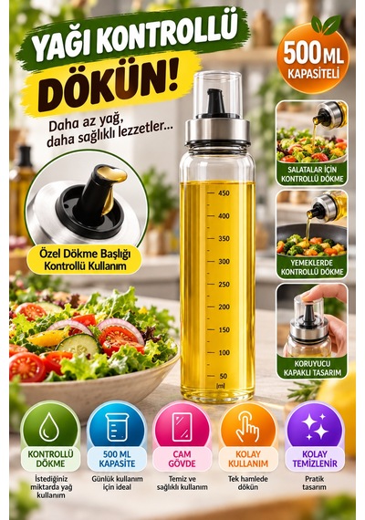 500 Ml Cam Yağlık Ölçekli Yağdanlık Kontrollü Dökme Başlıklı Kapaklı Zeytinyağı Şişesi Ve Sosluk Şeffaf