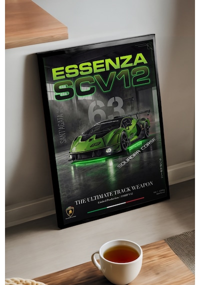 Lamborghini Essenza Siyah Ahşap Çerçeveli Poster, Dekoratif Araba Duvar Tablosu