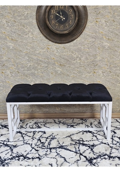 Zafir Beyaz Boyalı İçi Kareli Diktörtgen 100 Cm X 40 Cm Oturak Puf - Bench - Makyaj Oturağı - Oturak Siyah