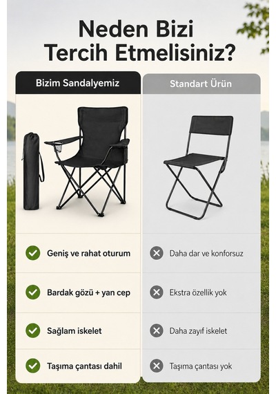 1 Adet Katlanır Kamp Piknik Sandalyesi Dikdörtgen Bardaklıklı Siyah