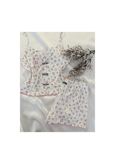 Mh Moony Homewears 2'li Harika Çiçek Detaylı Özel Kumaş Şortlu Pijama Takımı Pudra