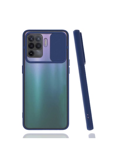 Noktaks - Oppo Reno 5 Lite Uyumlu - Kılıf Slayt Sürgülü Arkası Buzlu Lensi Kapak - Lacivert