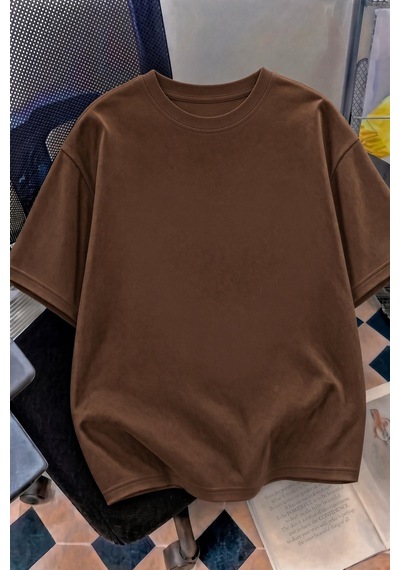 Kedi Kalp Desenli Oversize/rahat Kesim Kısa Kollu T-shirt Kahve