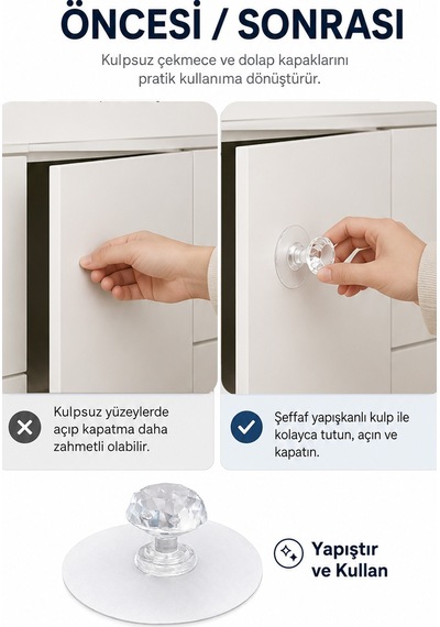 Yapışkanlı Kristal Mobilya Kulpu Dolap Çekmece Kapak Komodin Tutacağı 6 cm -
