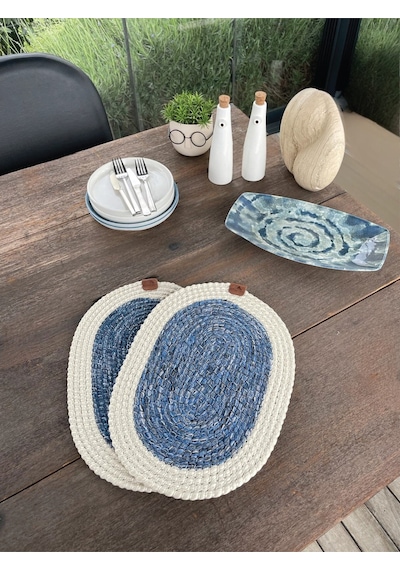 Bohem Tarz 2 Li Doğal İp Amerikan Servis Hasır Görünümlü, Leke Tutmaz, Beyaz-mavi 40x28 Cm Mavi/beyaz