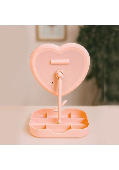 Storebaskı Led Işıklı Pembe Kalpli Organizer Makyaj Aynası
