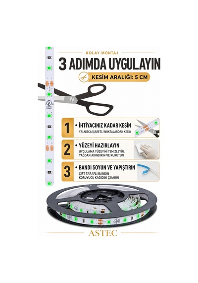 Astec Mutfak Dolabı Tezgah Üstü İçin 5 Metre Yeşil Renk 12v Adaptörlü Aç Kapa Anahtarlı Şerit Led Işık