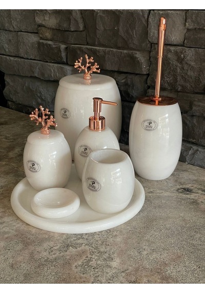 Beyaz Doğal Mermer Rose Gold Mercan Aksesuarlı Oval 7,li Banyo Seti Beyaz