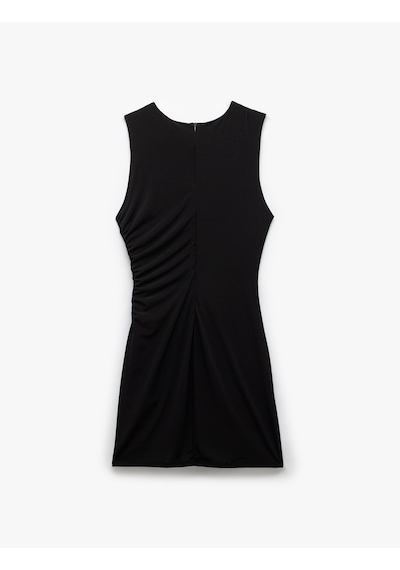 Koton Drape Detaylı Kolsuz Bisiklet Yaka Mini Sandy Kumaş Elbise Siyah 5sak80303ek Siyah