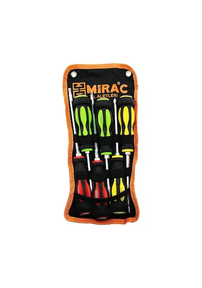Bez Çantalı Renkli - Kauçuk Kaplama Saplı Darbeli 6lı Set Çift Taraflı Tornavida Takımı 49