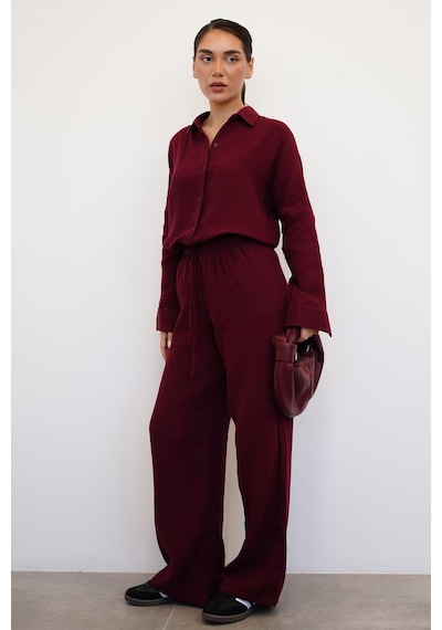 Madmext Bordo Basic Kadın Gömlek Pantolon Takım Mg2461 Bordo