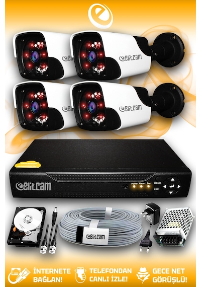Elitcam 4 Kameralı Panda 4 Dış Kamera Set 250 GB HDD Full HD Gece Görüşlü Güvenlik Kamerası Sistemi