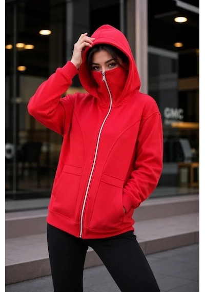 DefyModa Maskeli Ninja Model Çift Kapüşonlu 3 İplik Şardonlu Fermuarlı Oversize Sweatshirt - Kırmızı