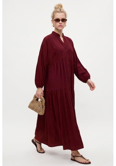 Ritnice Kadın Modest New Base %100 Viskon Bordo Maksi Boy Yazlık Elbise