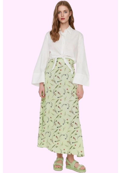 Ersefa Moda Tesettür Regular Çiçekli Desen Günlük Maxi Boy Puantiye Desenli Çan Dokuma Etek Yeşil