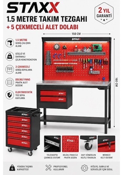Staxx Stax1550x 1.5 Metre 3 Çekmeceli Endüstriyel Takım Dolabı Tezgahı Atölye Tezgahı + 5 Çekmece