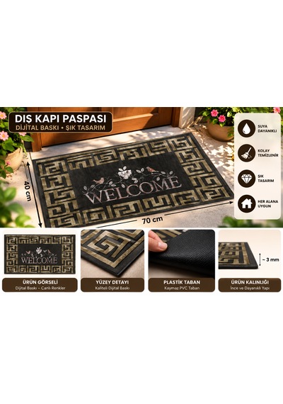 Dekoratif Dış Kapı Paspası Dijital Baskılı, Kaymaz Pvc Plastik Tabanlı, Şık Desenli Kapı Önü Paspası 40x70 Cm Siyah Altın