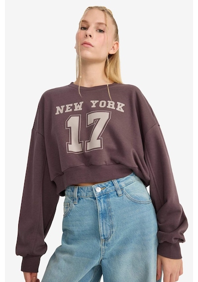 Defacto Coool Crop Bisiklet Yaka Baskılı Kalın Sweatshirt F8006ax25aubn549 Kahve