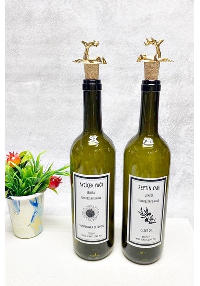 Ceylan Figürlü Mantar Tıpalı 2 Adet Yeşil 750 Ml Şişe Cam Yağlık