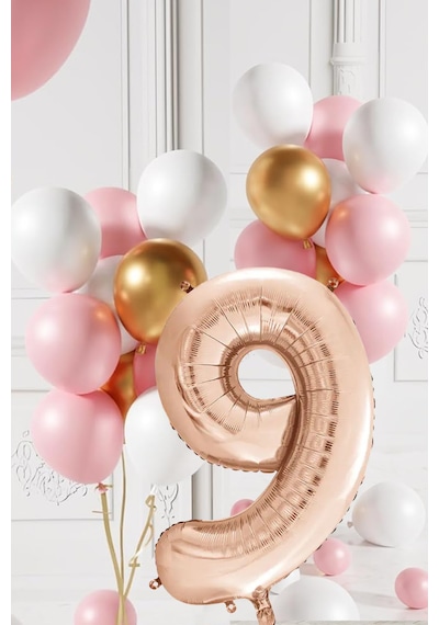 9 Yaş Retro Gold Pembe Beyaz Balon Seti Rose Gold Rakamlı Doğum Günü Balonu Şık Parti Süsleme Çok Renkli