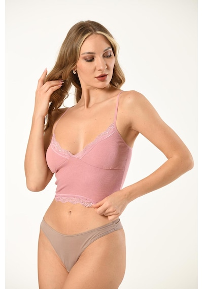 Lusistore Crop Bluz Takım Askılı Dantelli Pedli Büstiyer Bralet %95 Pamuk Ten