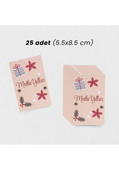 Yılbaşı Mutlu Yıllar Yazılı Hediye Kart Seti, Yeniyıl Paketleme Kartı, 25 Adet-5,5x8.5 Cm, Bej-2