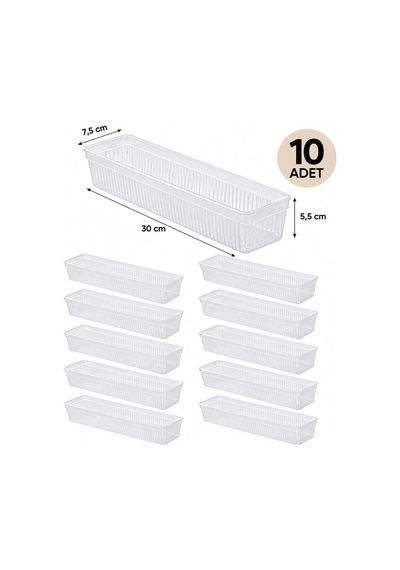 Tr 0382 10'lu Modüler Çekmece İçi Organizer Seti 30x7,5 Cm Şeffaf Mutfak, Kaşıklık, Çatal Bıçak Ve Makyaj Genel